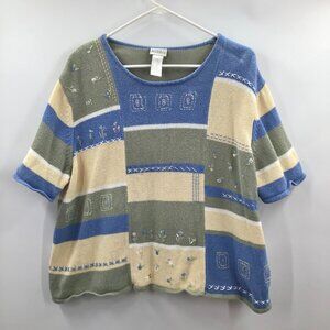 Vintage Koret 2X Spring Sweater Cotton Ramie Embroidered Colorblock Short Sleeve